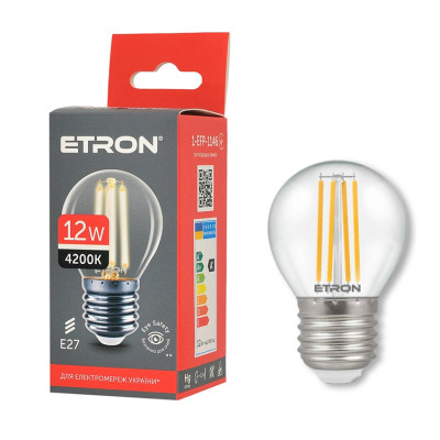 Світлодіодна філаментна лампа ETRON Filament 1-EFP-1146 G45 12W 4200K E27 clear glass Світлодіодна філаментна лампа ETRON Filament 1-EFP-1146 G45 12W 4200K E27 clear glass